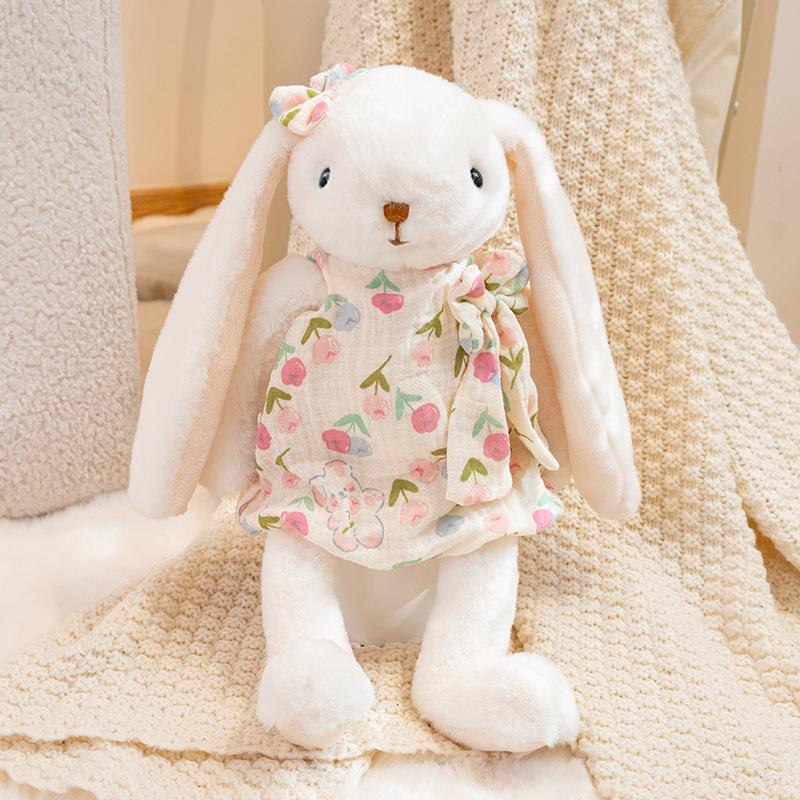 New 35cm Cute Shy Bunny Plush Toy with Floral Check Dress Soft Stuffed Rabbit Kid Birthday Gift Sofa Bedroom Decor Hugging