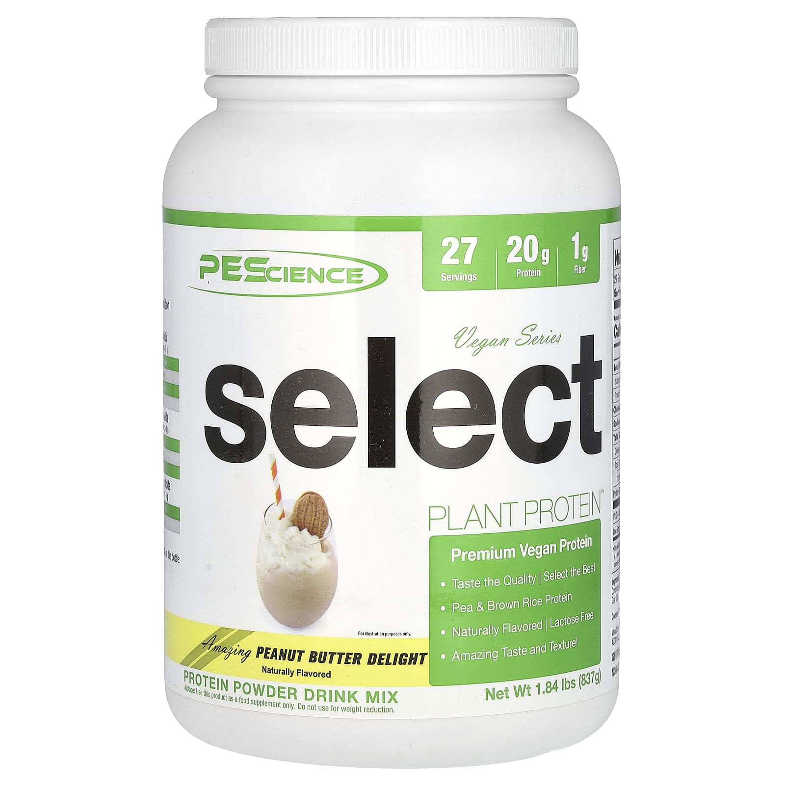 

PEScience, Vegan Series, Select Plant Protein, Peanut Butter Delight, 837g (1.84lb)