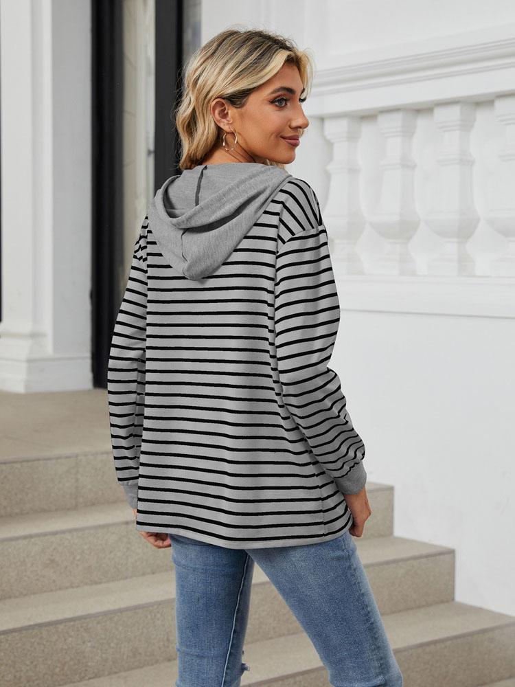 Elegant and Fashionable Fall and Winter Comfortable Hooded Button Drawstring Casual Long Sleeve Sweatshirt Top Pullover Hoodies