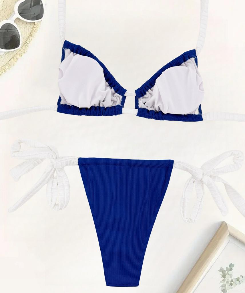 Dámské plavky jednobarevné halterneck odhalená záda na zavazování rozparkové plavky bikiny plážové oblečení koupací plavky