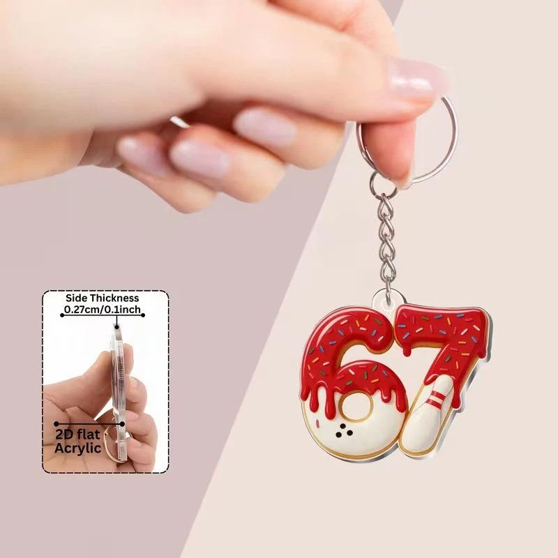 2D Flat Acrylic Keychain Cute Blue Icing Donut 67 Badminton Pattern Non-Fading Key Decor for Backpack Pendant
