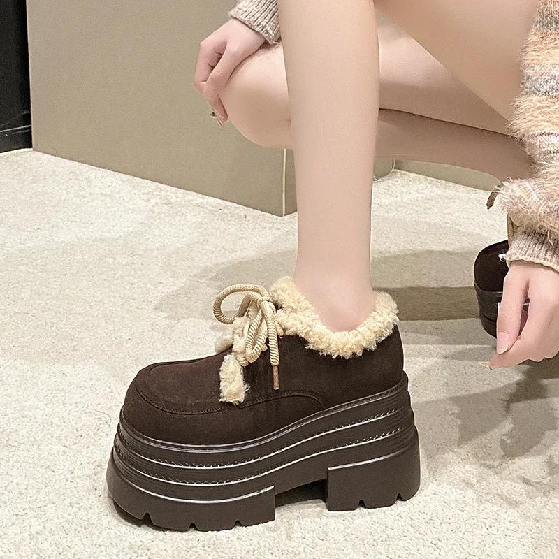 Fashion 10CM New Winter Women Warm Cotton Snow Shoes 2025 Fashion High Platform Sneakers Thick Heels Suede Leather Ladies Plush Pumps