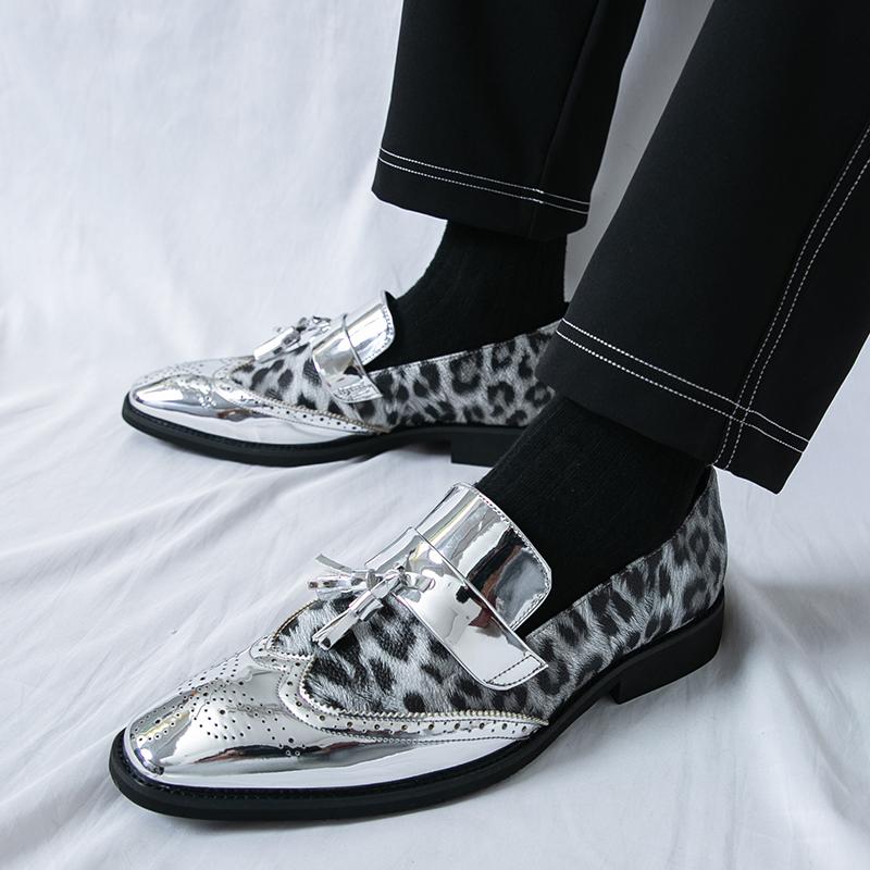 Fashion Designer New Men's Pointed Leopard Patchwork Tassel Brogues Oxford Shoes Male Wedding Dress Homecoming Formal Wedding Footwear