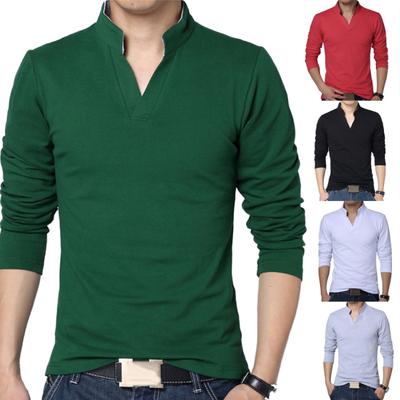 Effen Kleur Mannen Grote Maten Opstaande Kraag V-hals Lange Mouwen T-shirt Slim Fit Top