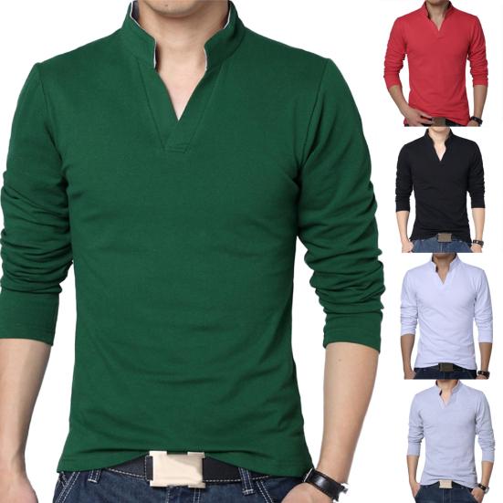 Solid Color Men Plus Size Stand Collar V Neck Long Sleeve T-Shirt Slim Fit Top