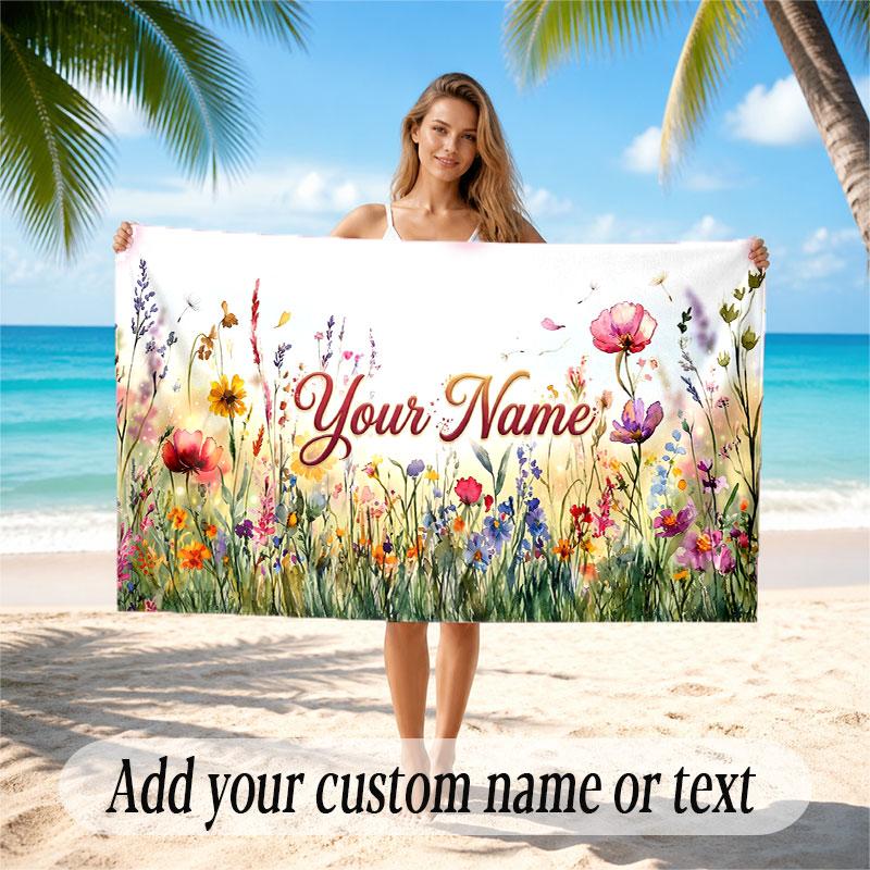 Floral Garden Theme Soft Beach Towel Personalized Custom Name Text Towel Portable for Beach Pool Travel