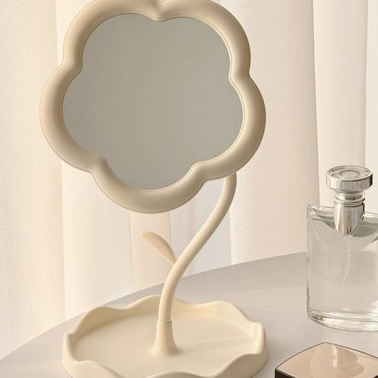 Flower Desk Makeup Mirror with Storage Tray 360 Degrees Rotation Desktop Vanity Mirror Multi-purpose Women Cosmetic Table Mirror Jewelry Organizer