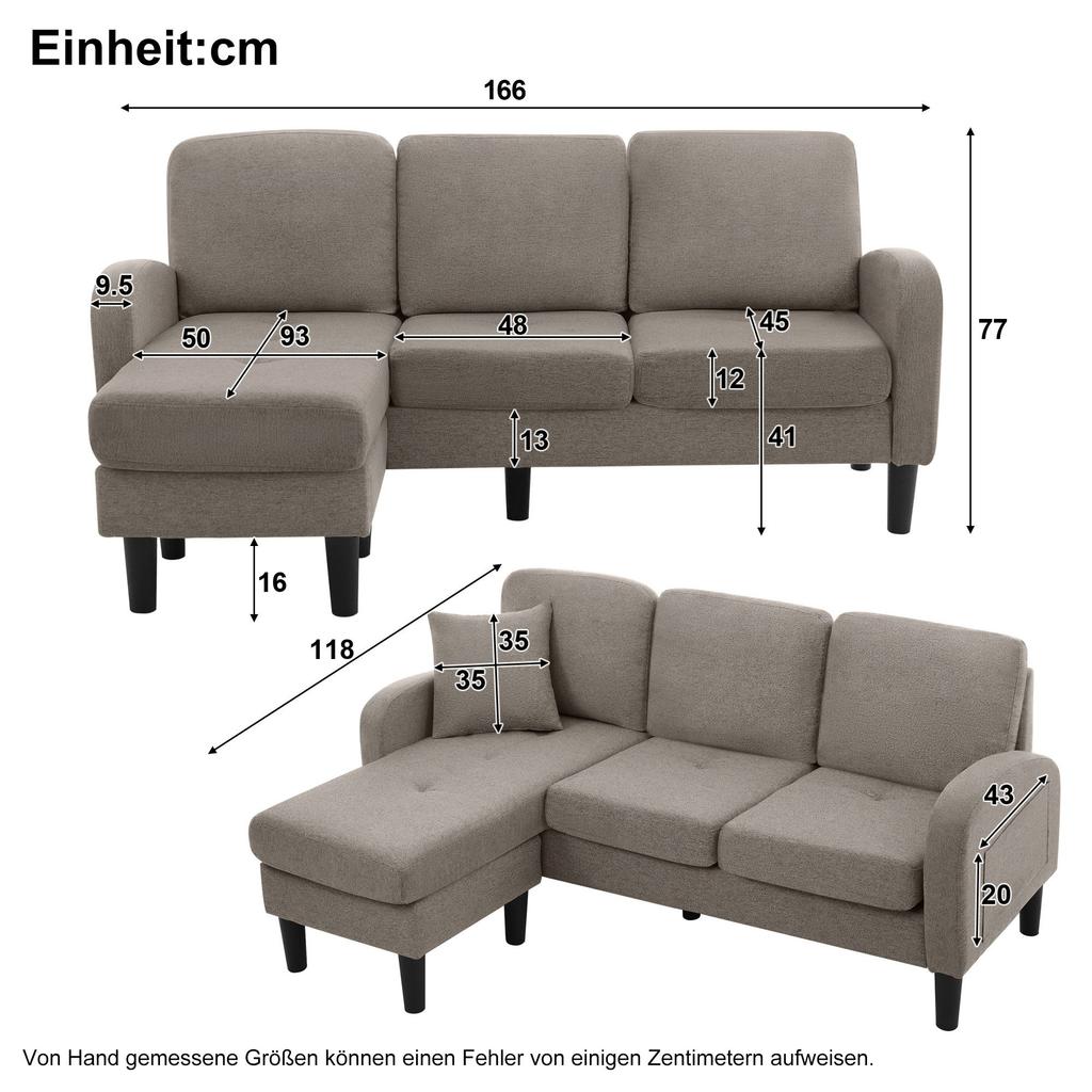 L-förmiges Ecksofa mit Chaiselongue – 3-Sitzer, 166 x 118 x 77 cm, Baumwoll-Leinen-Stoff, Kunststofffüße, modular, Wohnzimmer, Wohnungen und Büros