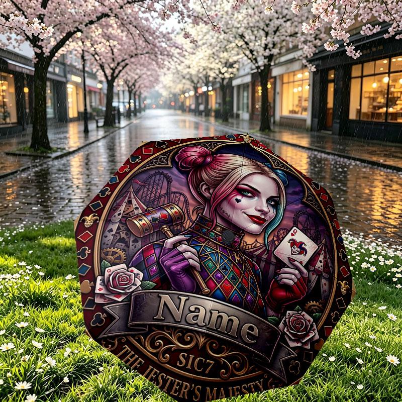 Custom Name Personalized Harley Quinn Print Umbrella, Auto Open Close, 8‑Rib Sturdy Frame, Commute Camping Hiking Use, Birthday Gift