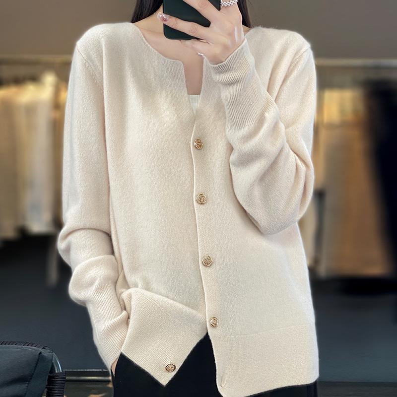 Women's 100% Wool Round Neck Cardigan - Slimming Knit Jacket, Spring Cashmere Sweater, Versatile Outerwear