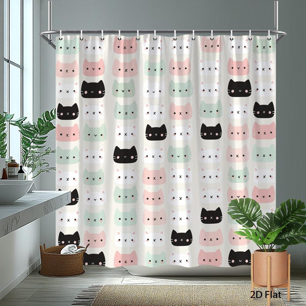 1Pc Cat Print Shower Curtain With Hooks, Machine Washable Polyester Material, Suitable For Bathroom Dcor.