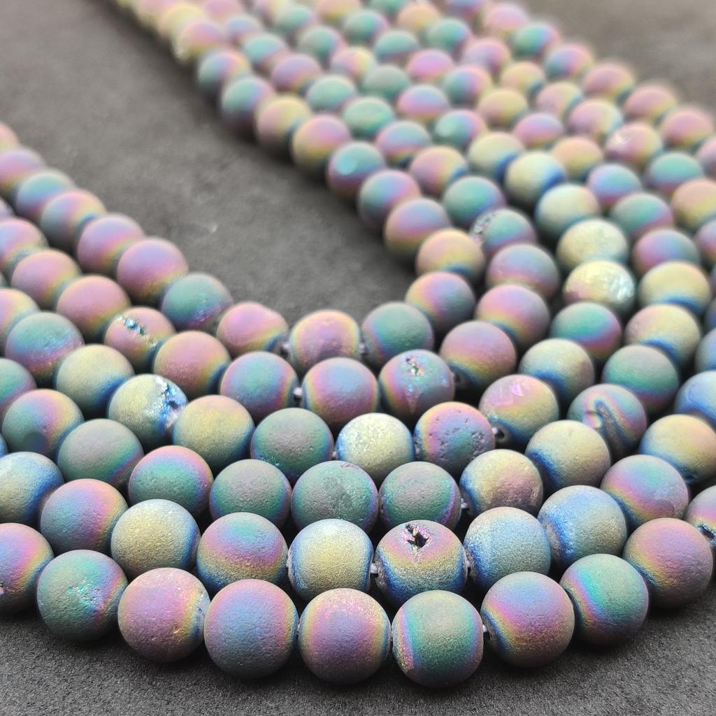 Natural Gemstone Druzy Agate Beads, Multi-Color Smooth Round, Matte Finish, 6mm 8mm 10mm Size Beads, Full Strand 14-15 Inch, Great for Jewelry Making