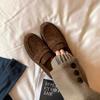 Retro British style foot cover single shoes turned fur flat bottom thick heel small leather shoes women