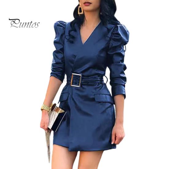 

Весеннее женское платье с V-образным вырезом, поясом на талии, гладкая искусственная кожа, длинные рукава-фонарики, однотонное мини-платье для офиса и шопинга XL темно-синий
