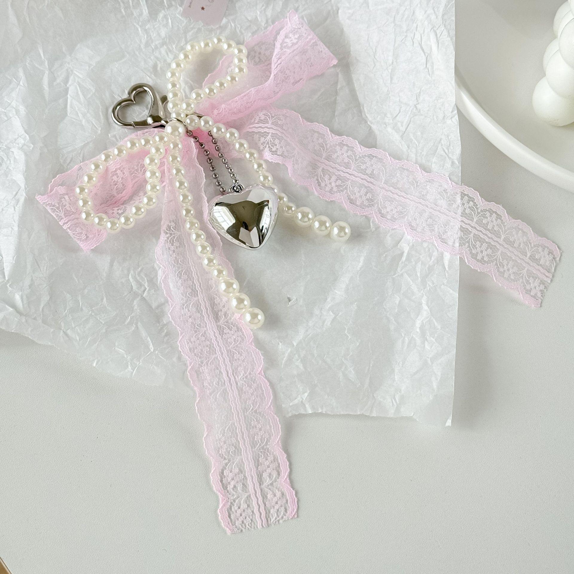 

Korean Lace Bow Bag Charm with Beaded Pearl Heart Keychain