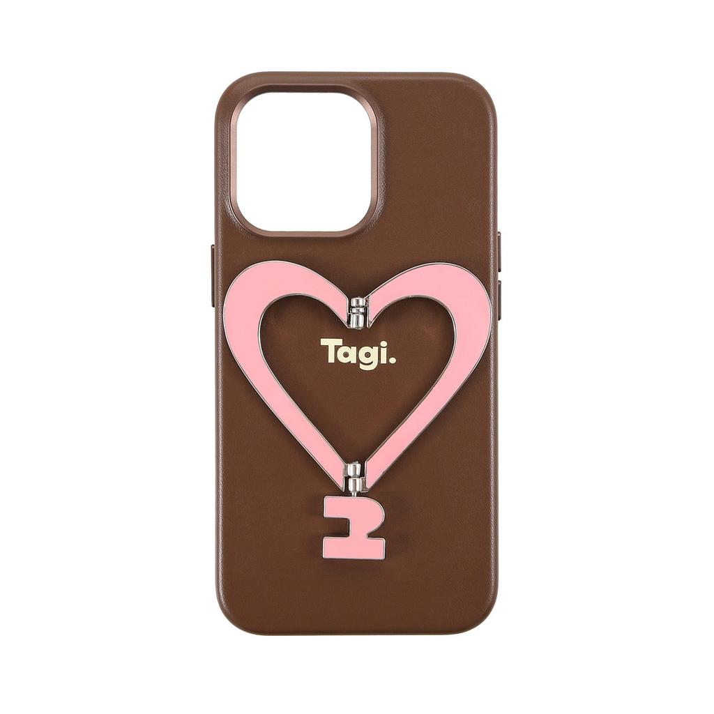 Tags: "Spreading Joy" - Metal Bracket Leather Heart Phone Case for iPhone 16 Pro Max, Anti-Fingerprint.