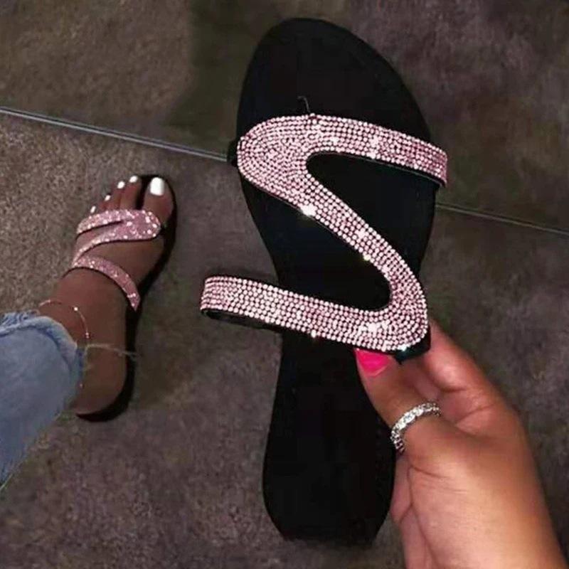 

Women s Rhinestone One-Strap Flat Slippers 40 алмаз/рожевий