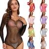 Womens Babydoll Lingerie Sheer Fishnet Mesh Long Sleeve Bodysuit Sparkling Rhinestones Jumpsuit Leotard Top Nightwear