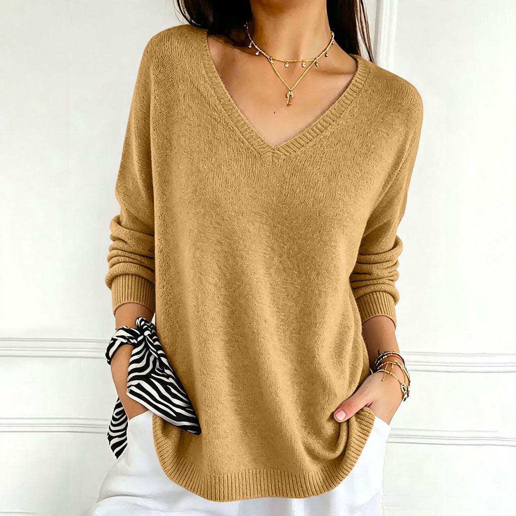 Women's Color V-Neck Long Sleeve Knit Sweater Casual Basic Lightweight Top for Daily Wear