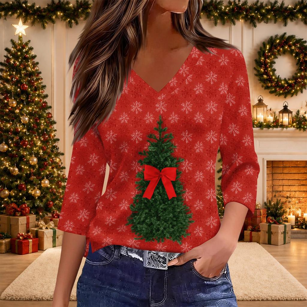 Women's Christmas Print V-Neck Three-Quarter Sleeve Casual Loose Fit Shirt