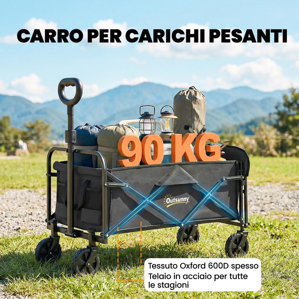 Foldable Garden Cart 72L with Adjustable Handle, in Steel and Oxford Fabric, 114x46x92 cm, Black