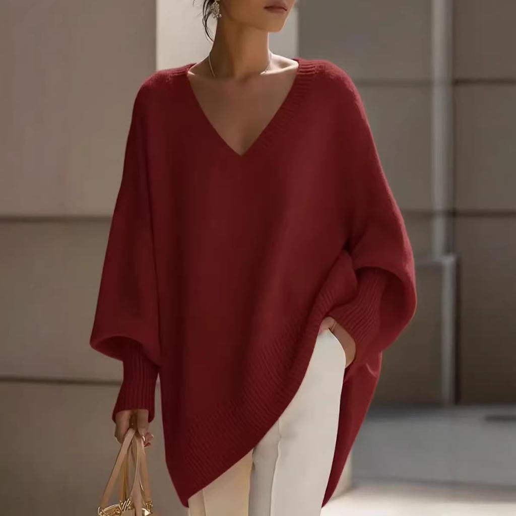 Women's V Neck Long Sleeve Knit Top Loose Fit Casual Mid Length Sweater Solid Cashmere Blend Jumper