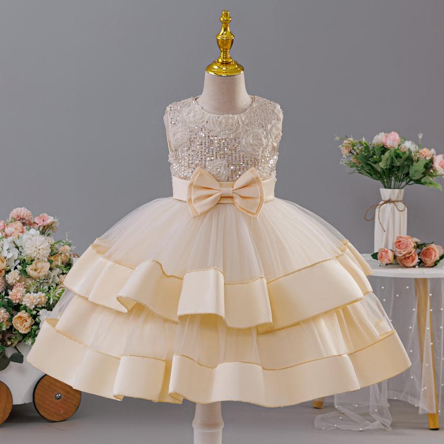 Girls' New Style Double Layer Mesh Lace Bow Party Evening Dress Princess Performance Outfit