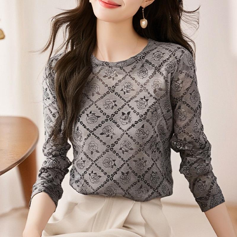 

Футболка с длинными рукавами из сетчатого принта для женщин. Весна. Новая универсальная тонкая базовая рубашка. Модный топ. 3XL