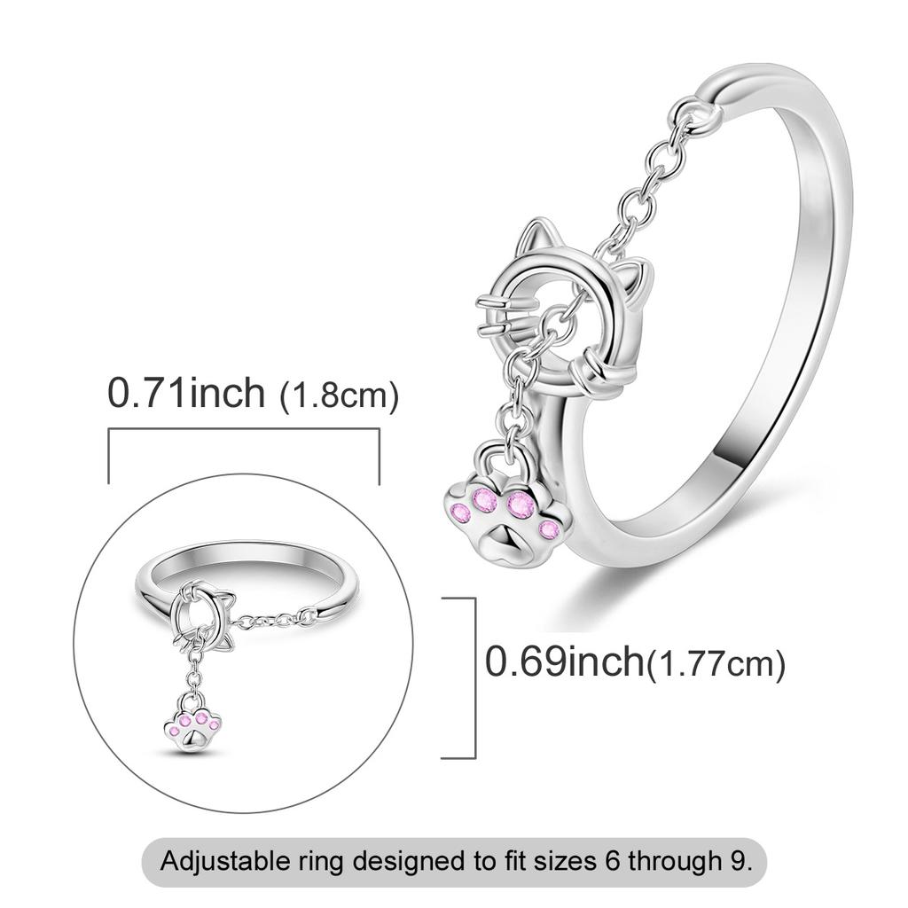 Copper Cute Cat Paw Chain Open Ring For Women Pink Cz Inlaid Dainty Adjustable Animal Fine Jewelry Gift
