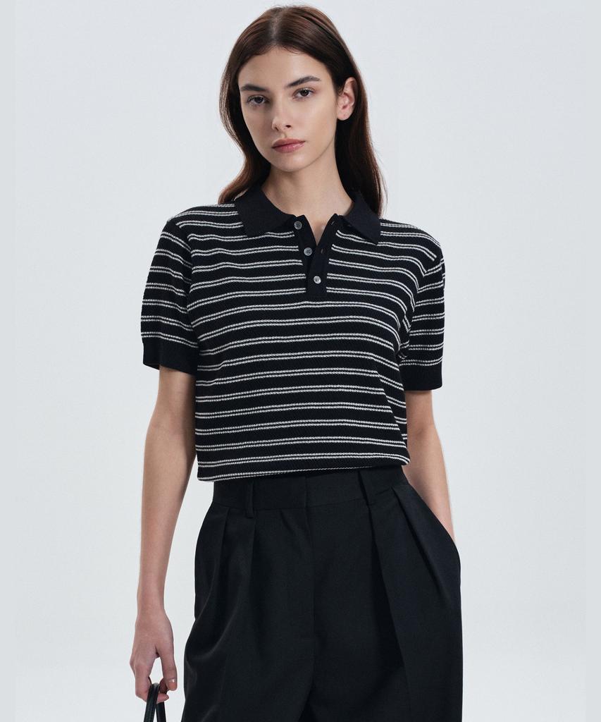 Tienjiti W Striped Polo Washable Knit (Black) Tnsw6E202Bk