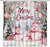 Christmas Snowman Shower Curtain Cute Snowman Snowflake Ball Tree Forest Winter Holiday Nature Pink White Bathroom Home Curtain