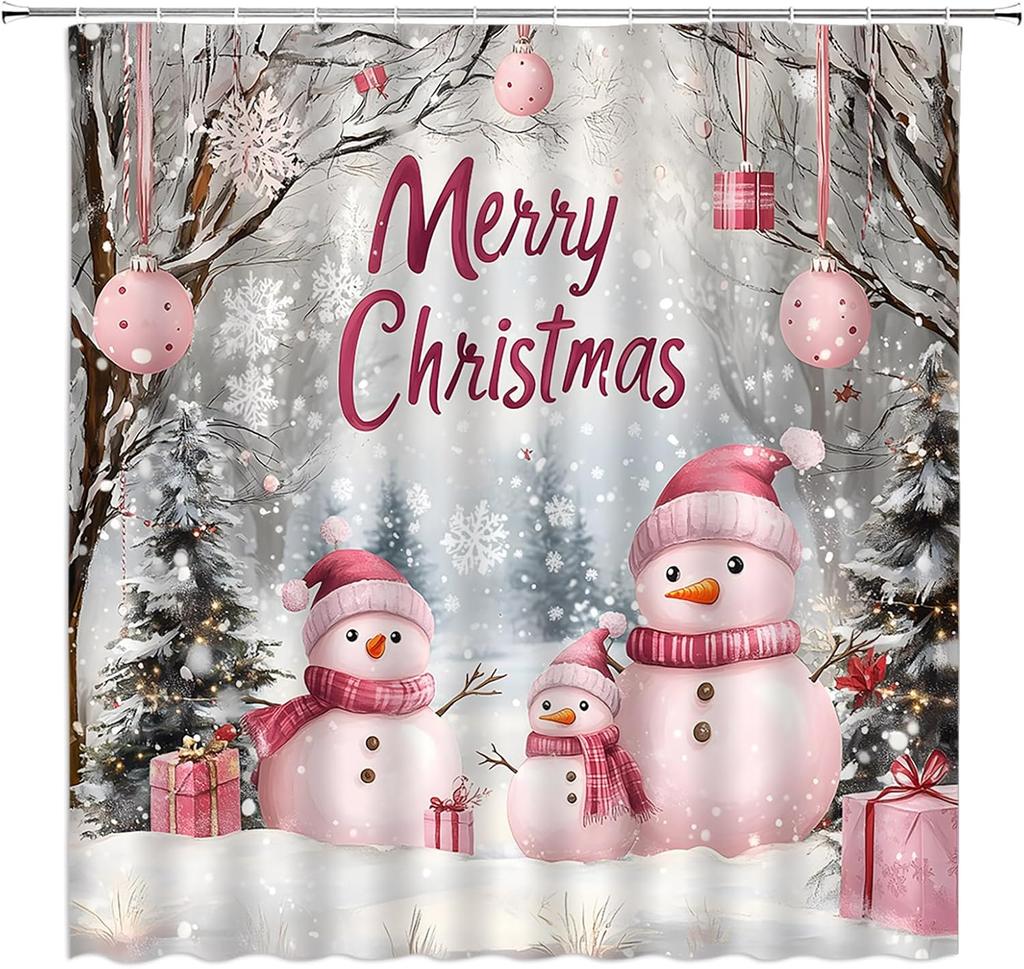 Christmas Snowman Shower Curtain Cute Snowman Snowflake Ball Tree Forest Winter Holiday Nature Pink White Bathroom Home Curtain