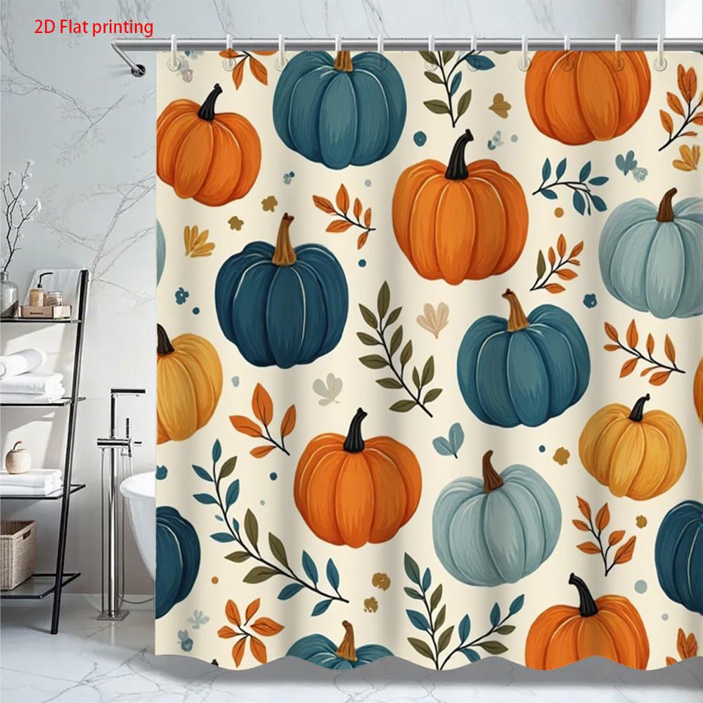 1Pc Blue And Orange Autumn Pumpkin Pattern Shower Curtain, Polyester Fabric With Hooks, Suitable For Bathroom Decoration