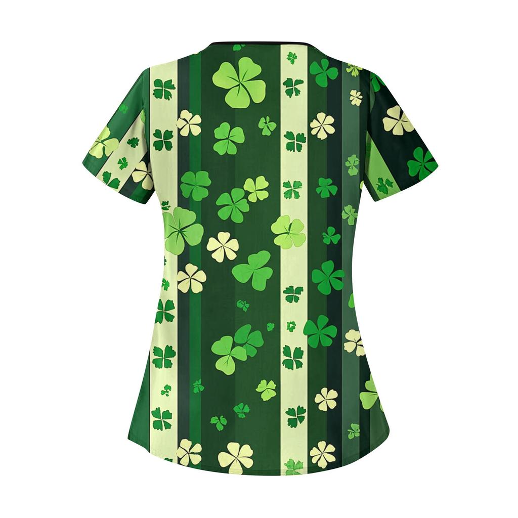 Haut de travail décontracté imprimé à manches courtes et col incliné pour femmes avec doubles poches