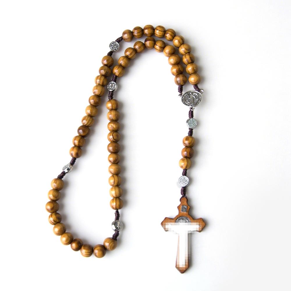 In Stock: Natural Wood Bead Cross Rosary Necklace - Hand-Woven Prayer Jewelry