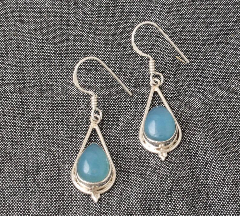 Solid 925 Sterling Silver Blue Chalcedony Gemstone Dangle Earring Women Jewelry Gift For Her Statement Earrings