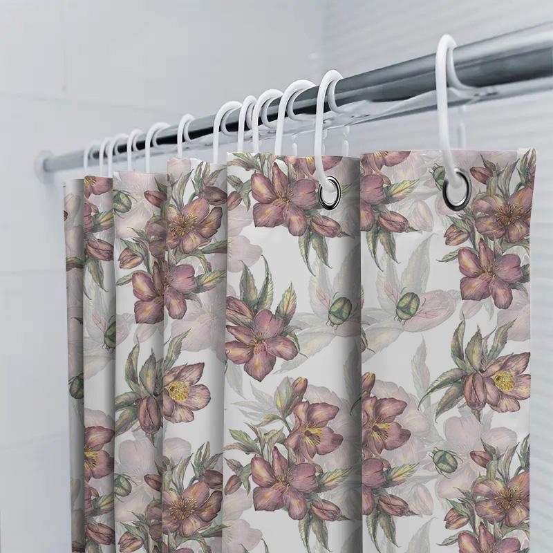 Stylish Bath Curtain With Floral Print Pink Purple Green Bloom Design Waterproof Fabric Shower Curtain For Home Decoration In Ba