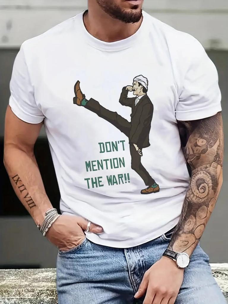 European Size Men's Vintage Monty Python Graphic T-Shirt, "Don't Mention The War!" Humorous Quote, Breathable Moisture-Wicking Fabric,Short Sleeve Top