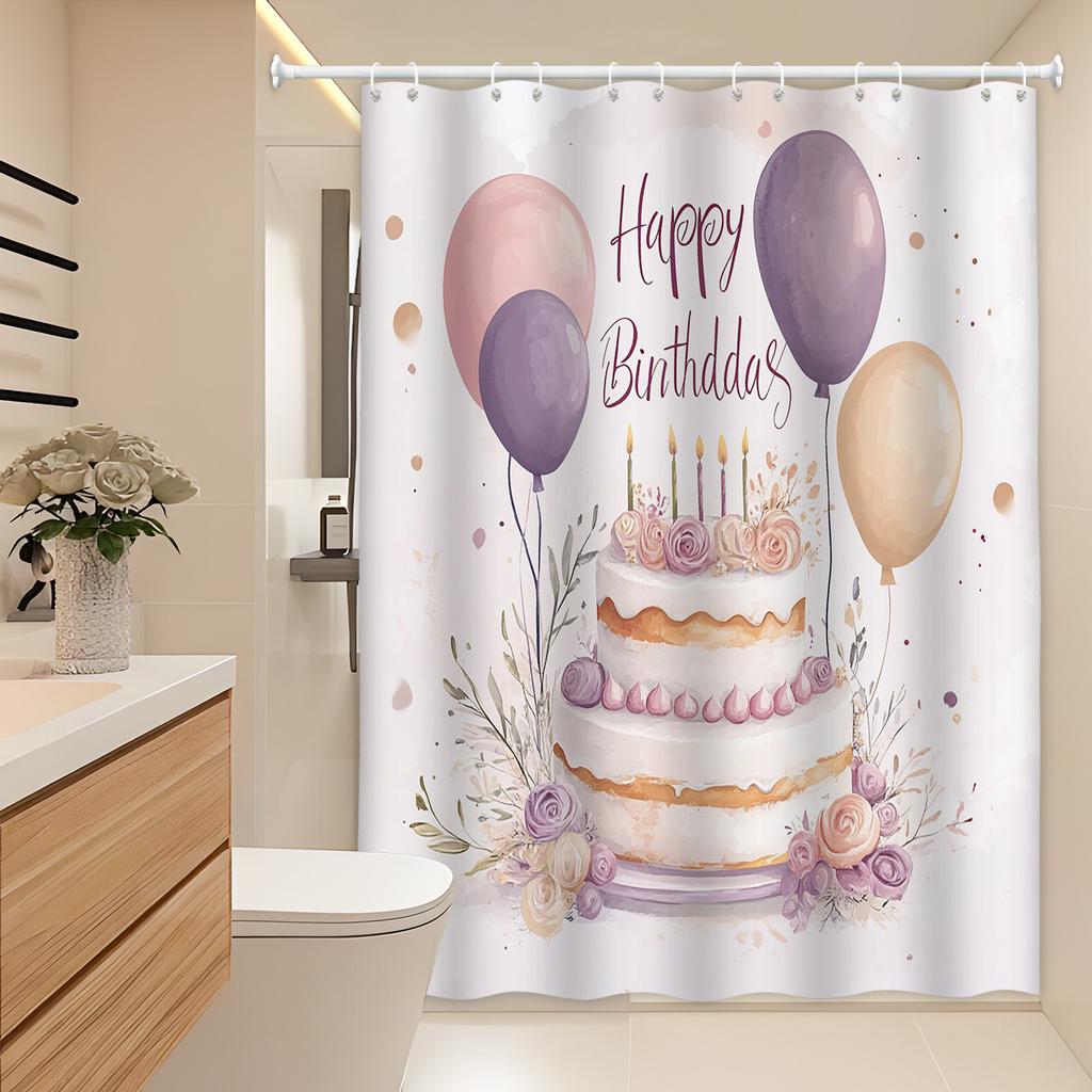 Cortina de Chuveiro Bolo de Aniversário - Rosas Rosa e Brancas, Balões Pastéis, Design Floral em Aquarela, 12 Ganchos, Decoração Fantasiosa