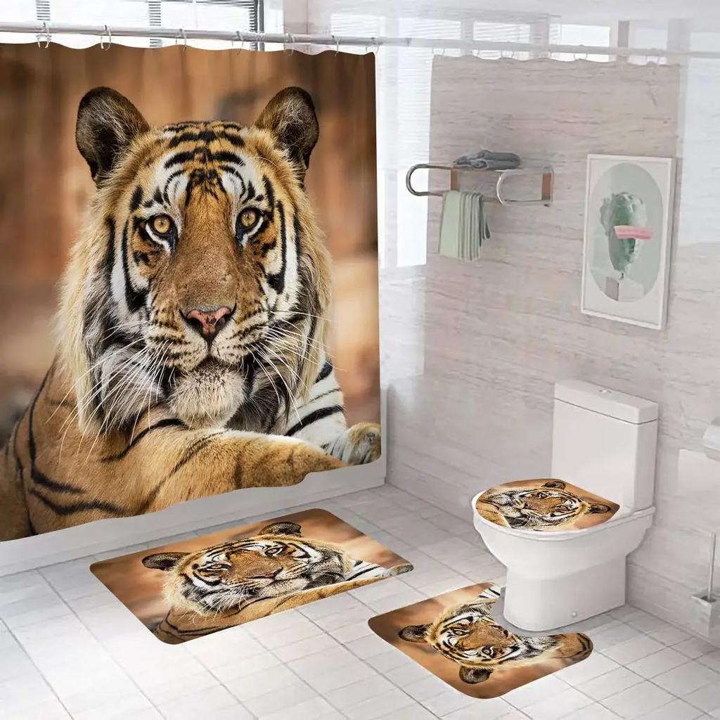 Black Tiger Animals Printed Shower Curtain Set Bathroom Bathing Screen Anti-Slip Toilet Lid Cover Carpet Rugs Kitchen Home Decor