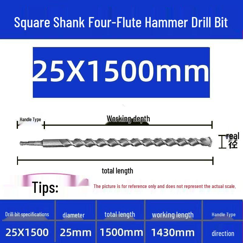 Extended Electric Hammer Drill Bit, Square & Round Shank, for Concrete Piercing - Available in 500mm to 2m Lengths