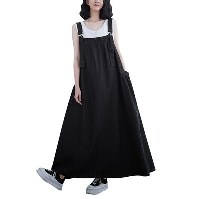 Women Summer Vintage Loose Denim Overall Dress  Adjustable Shoulder Straps Side Pockets Square