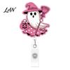 Lightweight Retractable Badge Holder Halloween Ghost Reel, Glitter Acrylic Clip, Cute Pink Smooth Cord Reel ID Name for Women Nurse Teacher
