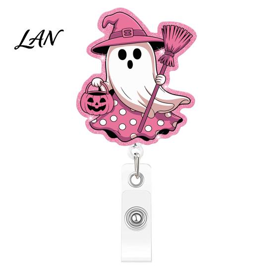 Lightweight Retractable Badge Holder Halloween Ghost Reel, Glitter Acrylic Clip, Cute Pink Smooth Cord Reel ID Name for Women Nurse Teacher