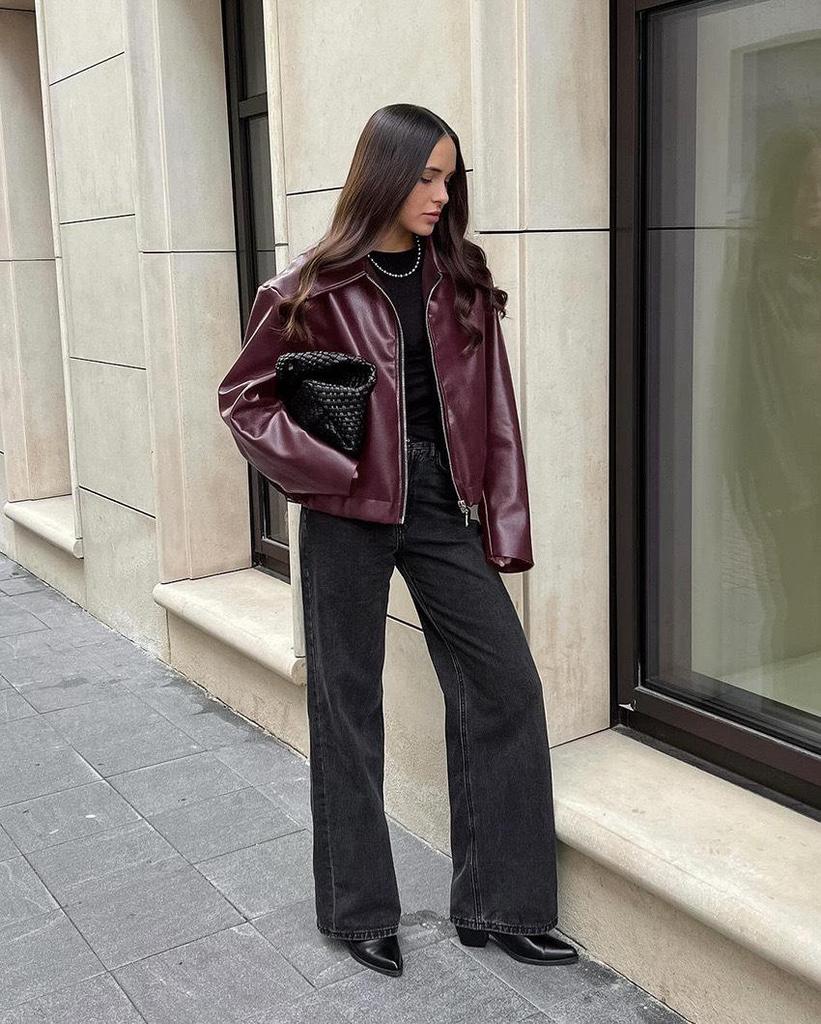 Women's Retro Burgundy Leather Motorcycle Jacket, 2024 Autumn European & American Fashion Matte Coat