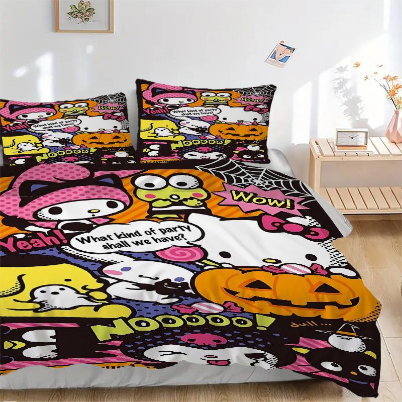 

3pcs Spooky Party Planning Tale Hello Kitty s Halloween Adventure Quilt Set - Soft and Comfortable Bedroom, Guest Room and Dorm Decor Beddin 135x200cm