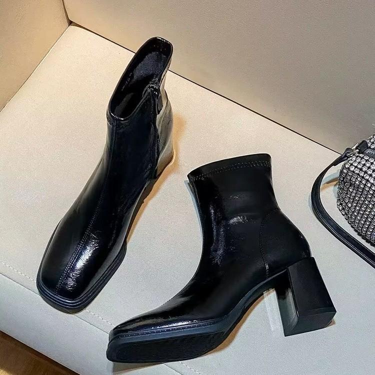 Foreign trade French square head thick heel short boots 2024 new retro fashion thin boots short small single boots