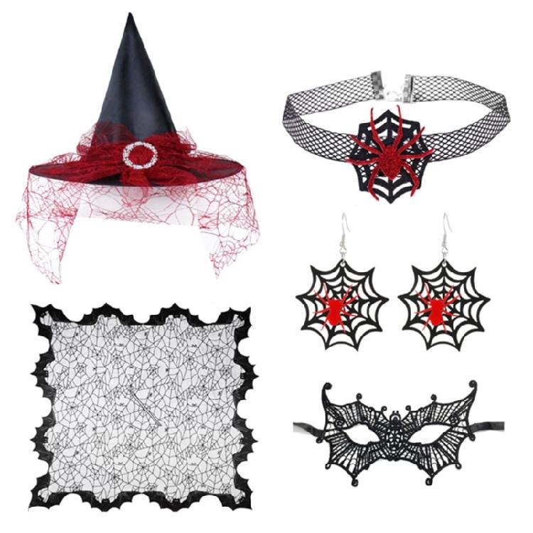 Witch Costume Accessory Include Witch Hat Choker Necklace Earrings Eye Mask for Women Adult Masquerade Halloween Cosplay