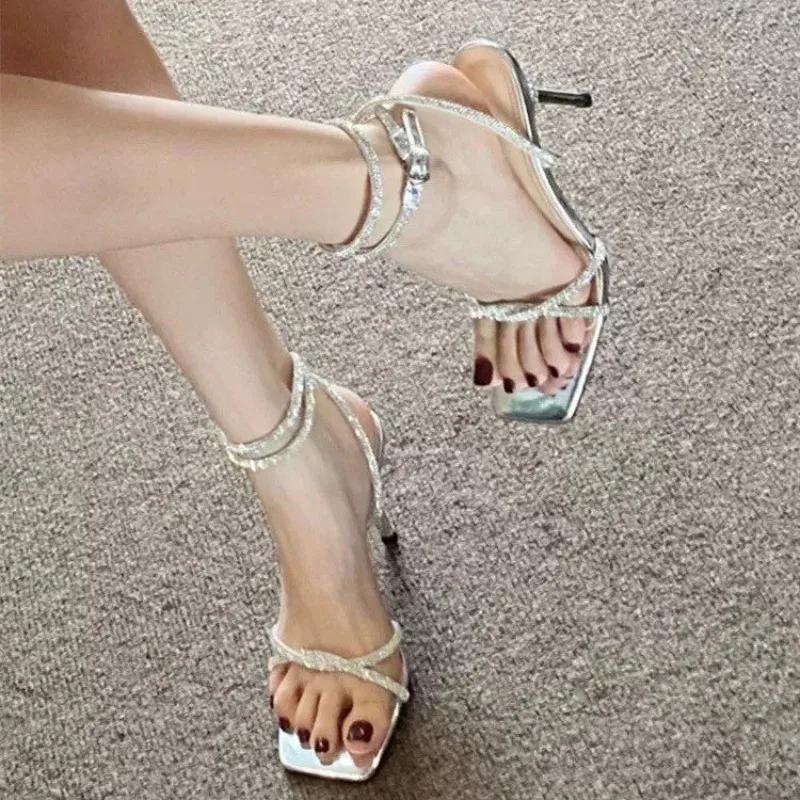 Fashion Women Sandals Casual Anti-slip 2025 Buckle Ankle-wrap Party Sandals Women Crystal Narrow Strap Fashion Thin Heels Shoes Female