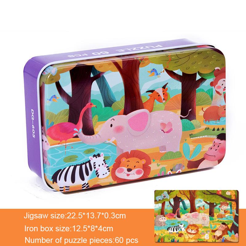 60 Pcs/Set Kids Wooden Puzzle Cartoon Animal Vehicle Dinosaur Pattern Jigsaw with Iron Box Baby Early Educational Toys Gift